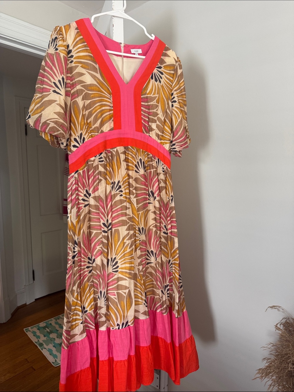 Maxi Dress in Pink, Cream with Bright Trim